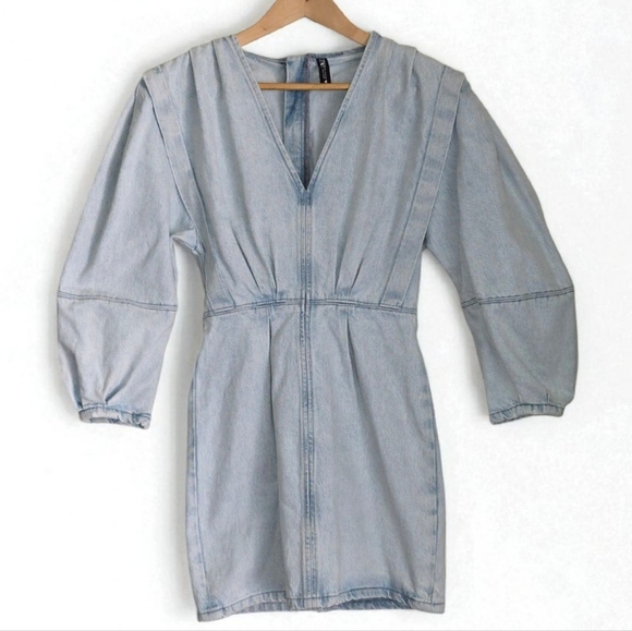 Zara Light Blue Pleated Denim Mini Dress Elbow Length Puff balloon Sleeves - Picture 2 of 16